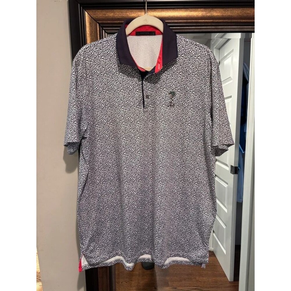 Greyson Coral Dreams Arctic polo Men’s L Pine Tree Golf Club Wolf Print Polo